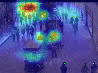 A log-scale heatmap animation revealing the accumulated activity intensity within the shopping mall scene over 2000 frames.